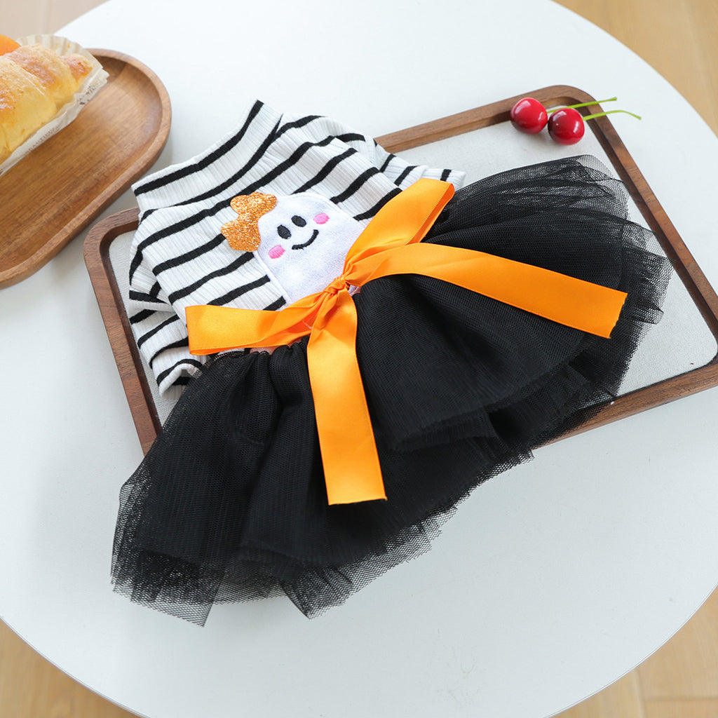 Striped Ghost Orange Bow Halloween Pet Tulle Dress for Maltese Cats, Black Mesh Holiday Formal Wear