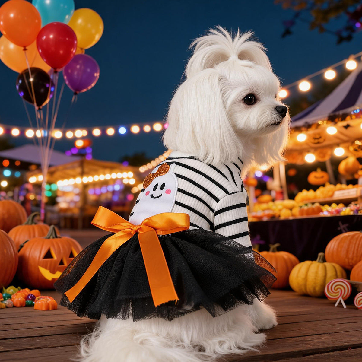Striped Ghost Orange Bow Halloween Pet Tulle Dress for Maltese Cats, Black Mesh Holiday Formal Wear