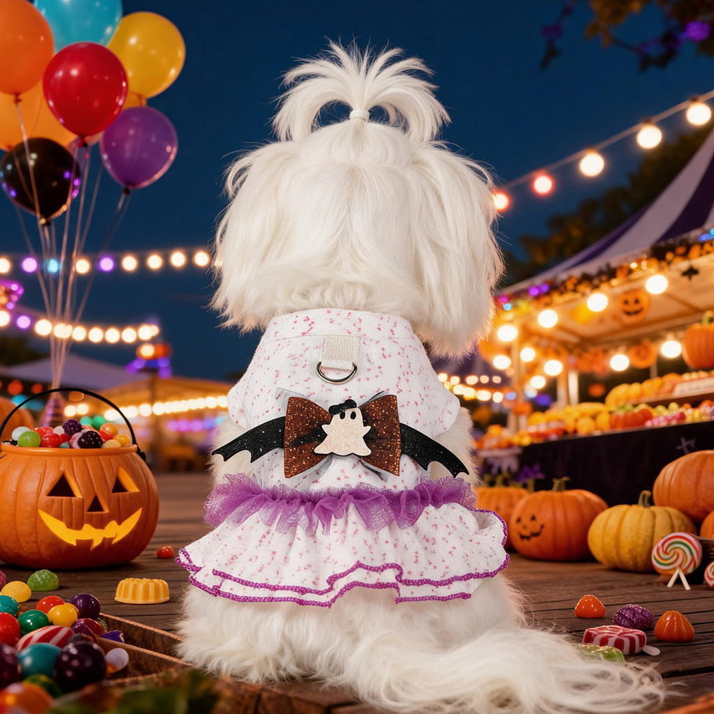 Ghost Bat Halloween Pet Tulle Dress with Leash for Small Cats and Dogs, Purple Mesh Costume for Festival Party