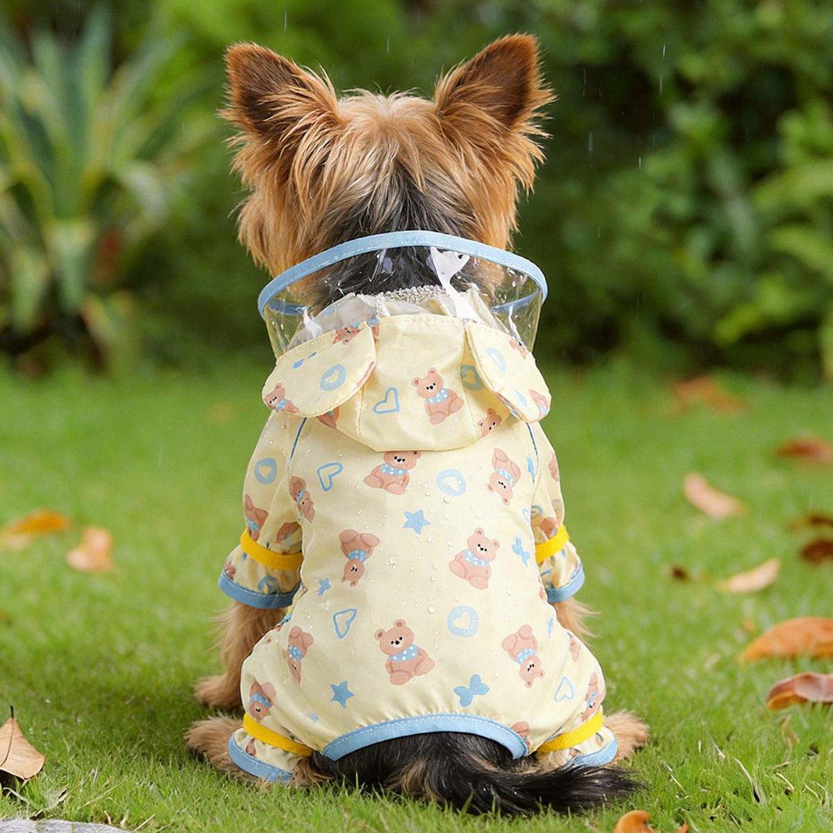 Cute Yellow and Blue Bear Pet Raincoat for Small Dogs, Four-Legged Waterproof Dog Rain Poncho
