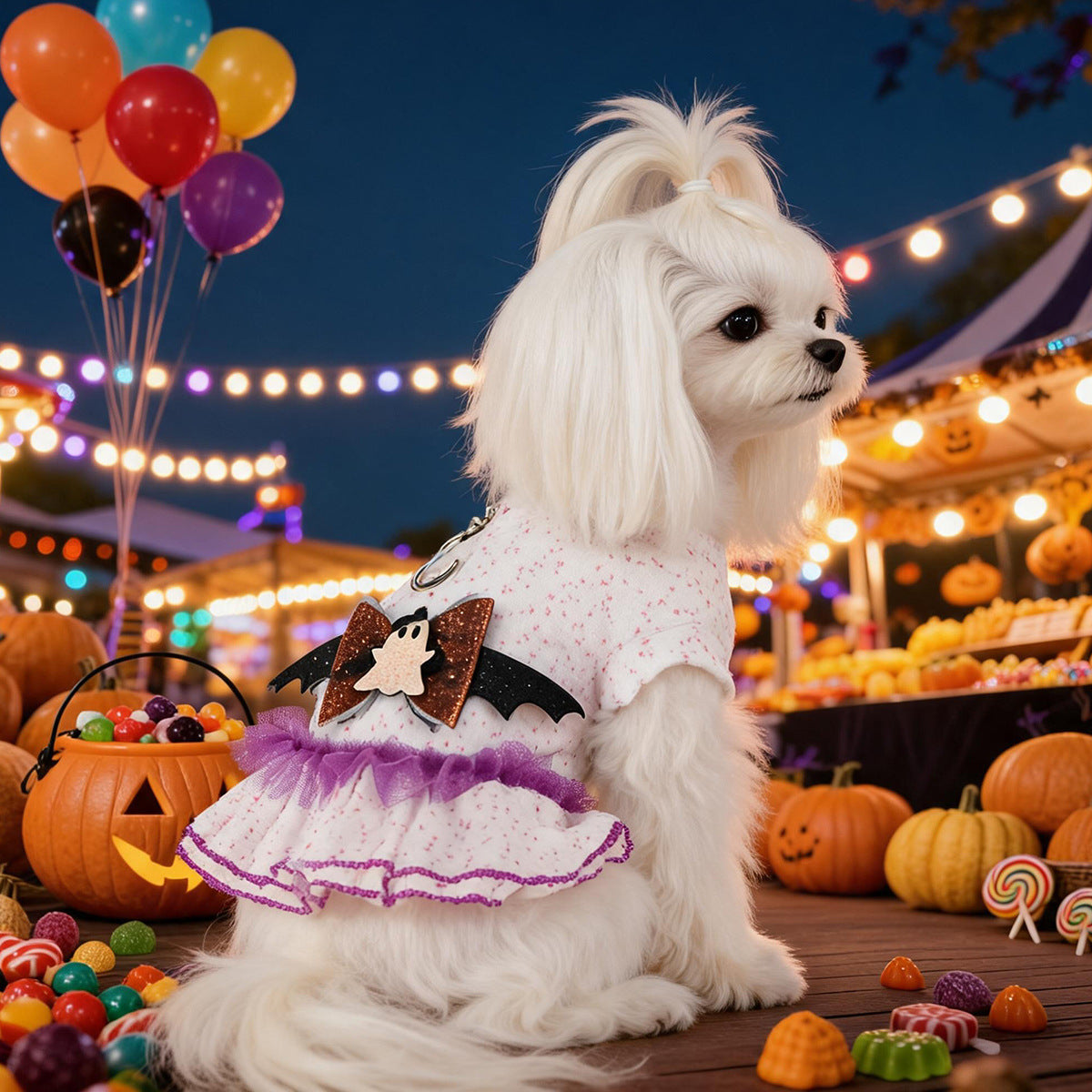 Ghost Bat Halloween Pet Tulle Dress with Leash for Small Cats and Dogs, Purple Mesh Costume for Festival Party