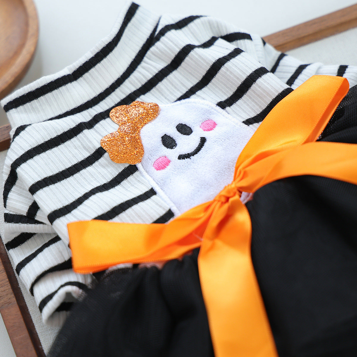 Striped Ghost Orange Bow Halloween Pet Tulle Dress for Maltese Cats, Black Mesh Holiday Formal Wear