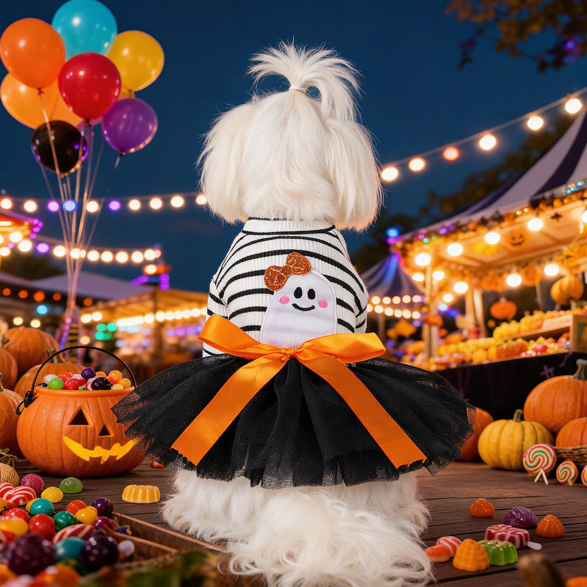 Striped Ghost Orange Bow Halloween Pet Tulle Dress for Maltese Cats, Black Mesh Holiday Formal Wear
