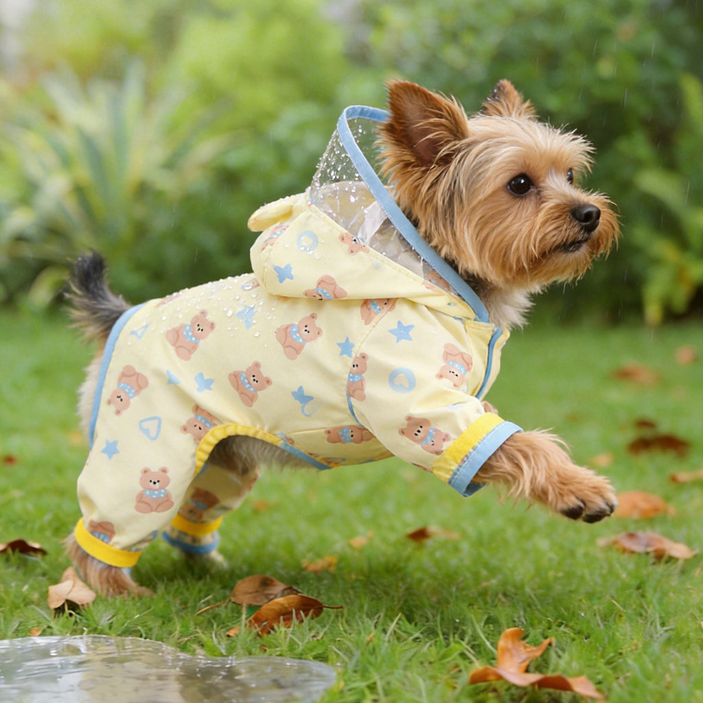 Cute Yellow and Blue Bear Pet Raincoat for Small Dogs, Four-Legged Waterproof Dog Rain Poncho