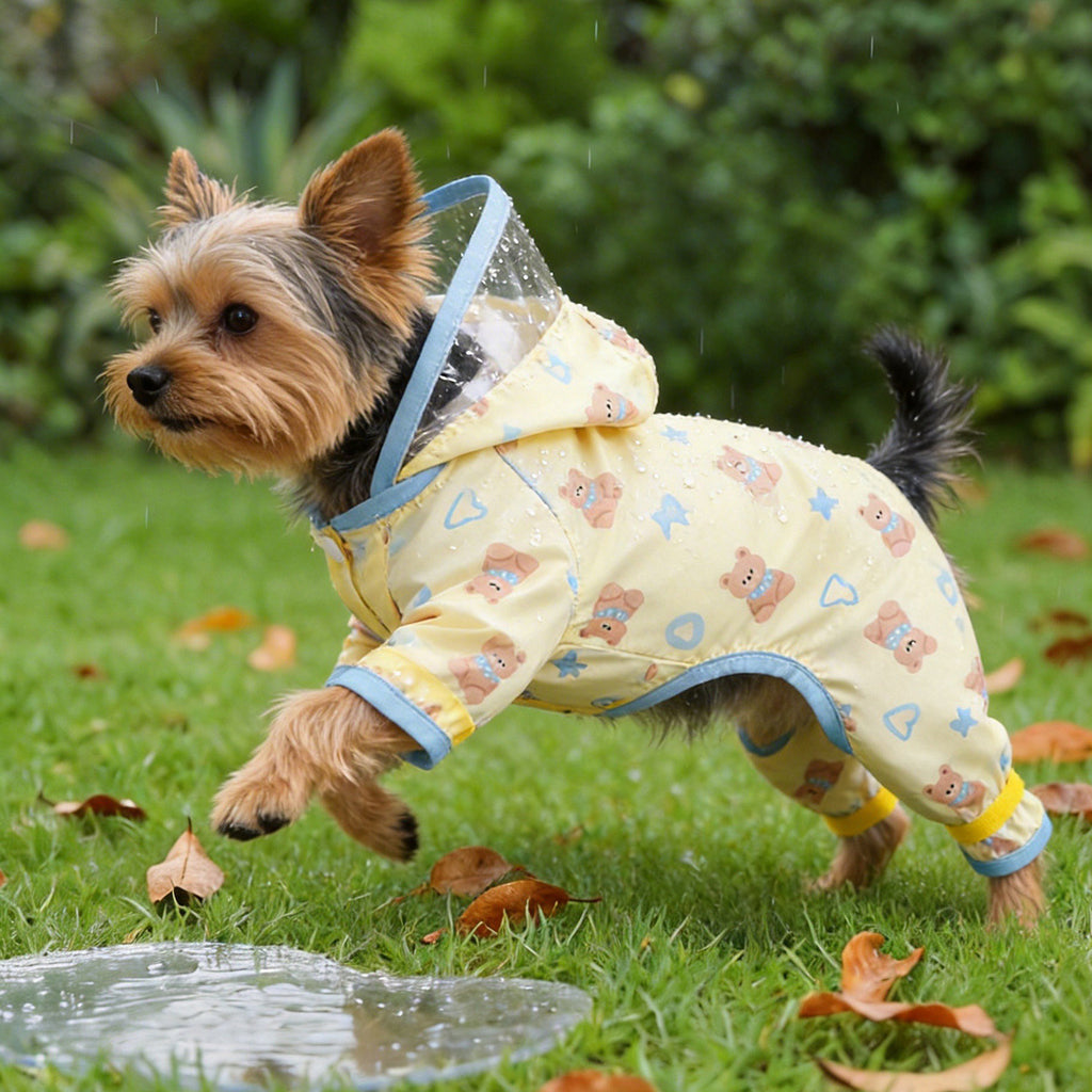 Cute Yellow and Blue Bear Pet Raincoat for Small Dogs, Four-Legged Waterproof Dog Rain Poncho