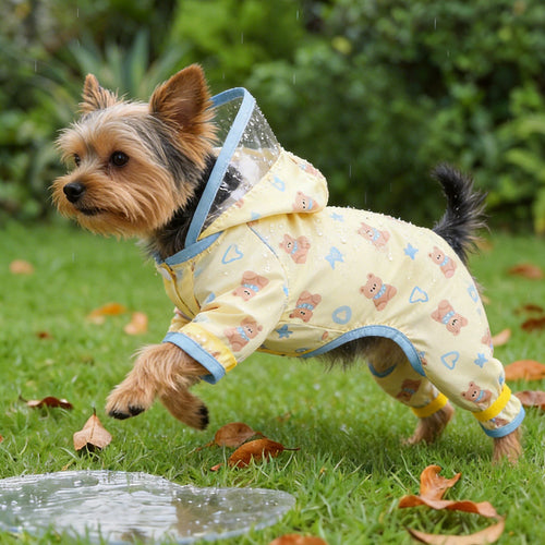 Cute Yellow and Blue Bear Pet Raincoat for Small Dogs, Four-Legged Waterproof Dog Rain Poncho