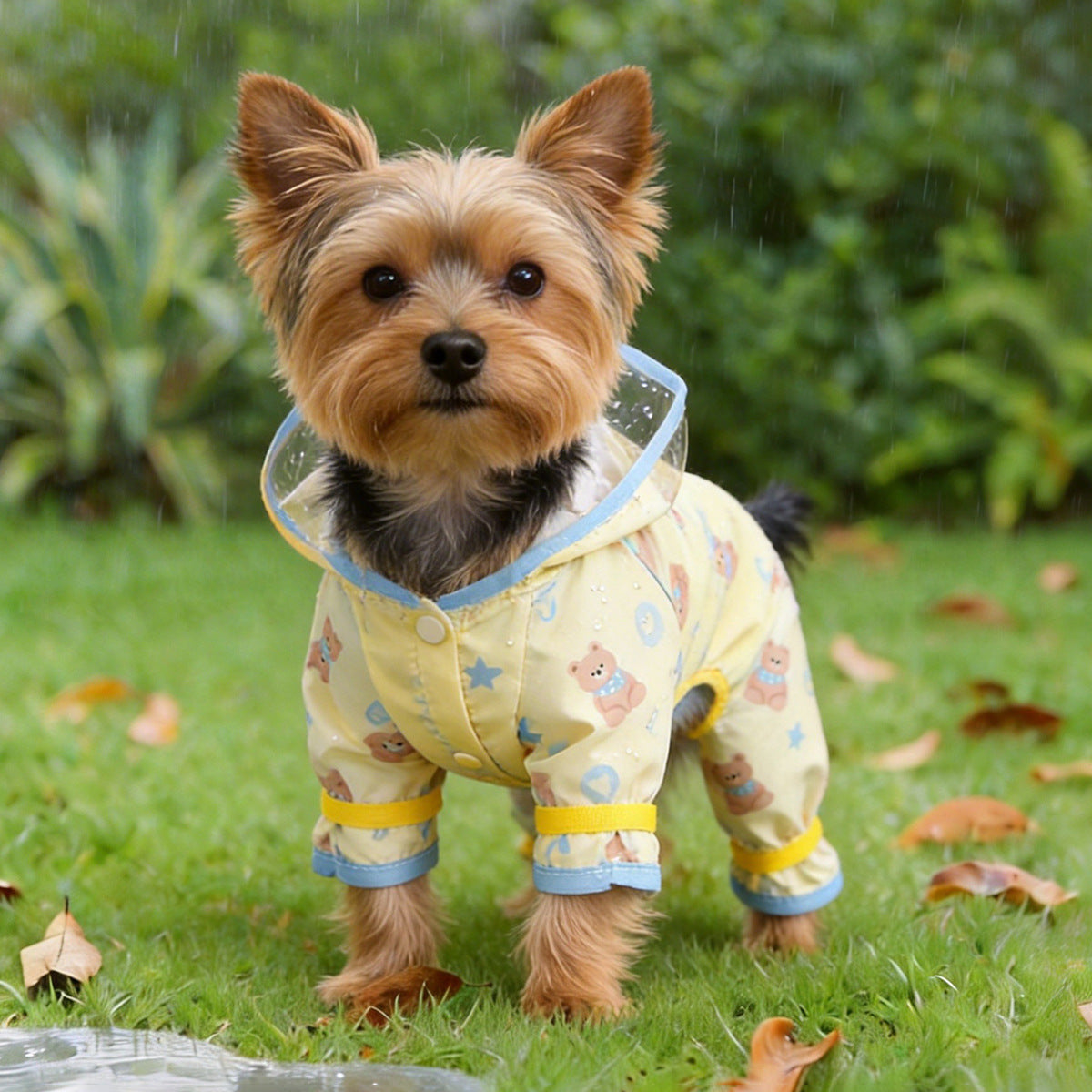 Cute Yellow and Blue Bear Pet Raincoat for Small Dogs, Four-Legged Waterproof Dog Rain Poncho