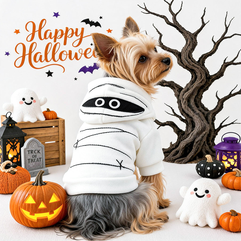 Cute Halloween Mummy Hoodie for Small Dogs and Cats, Warm Autumn/Winter Pet Clothing
