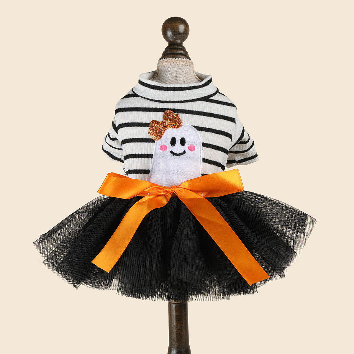 Striped Ghost Orange Bow Halloween Pet Tulle Dress for Maltese Cats, Black Mesh Holiday Formal Wear