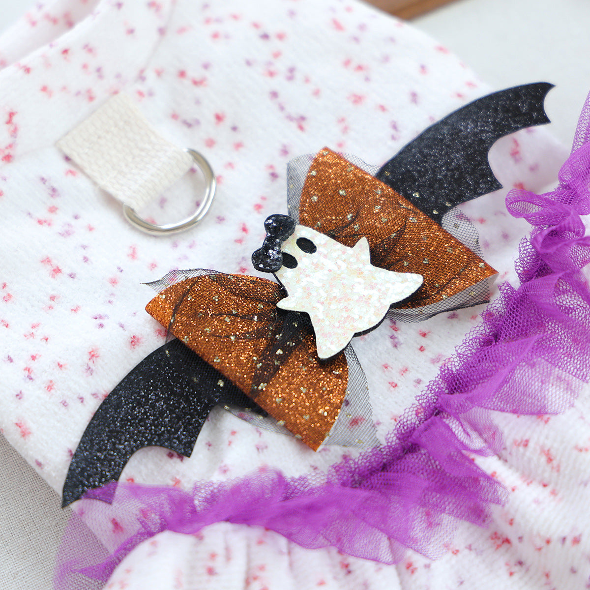 Ghost Bat Halloween Pet Tulle Dress with Leash for Small Cats and Dogs, Purple Mesh Costume for Festival Party