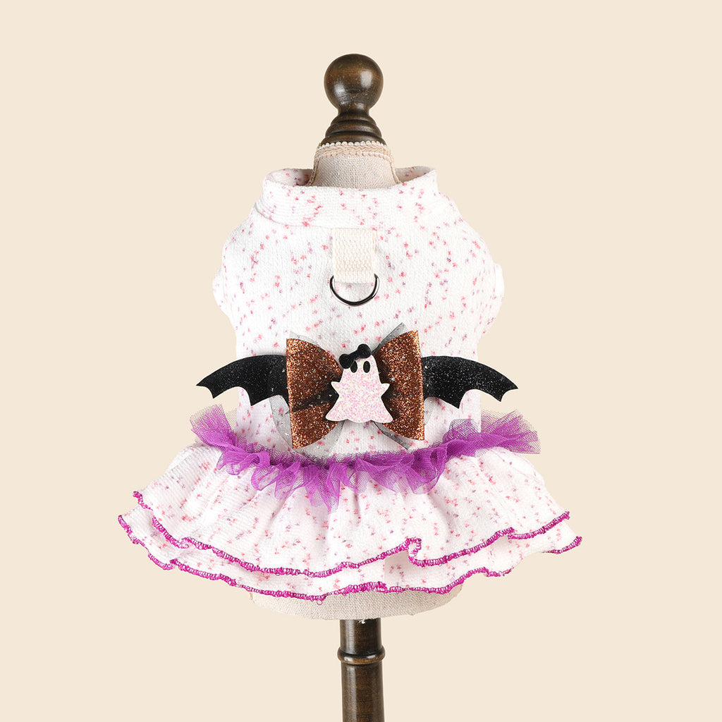 Ghost Bat Halloween Pet Tulle Dress with Leash for Small Cats and Dogs, Purple Mesh Costume for Festival Party