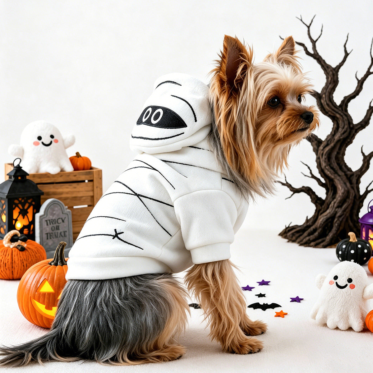 Cute Halloween Mummy Hoodie for Small Dogs and Cats, Warm Autumn/Winter Pet Clothing