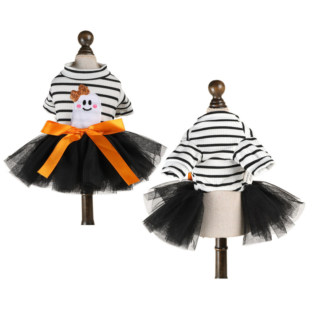 Striped Ghost Orange Bow Halloween Pet Tulle Dress for Maltese Cats, Black Mesh Holiday Formal Wear
