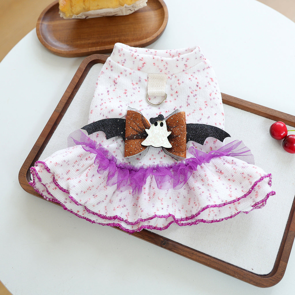 Ghost Bat Halloween Pet Tulle Dress with Leash for Small Cats and Dogs, Purple Mesh Costume for Festival Party