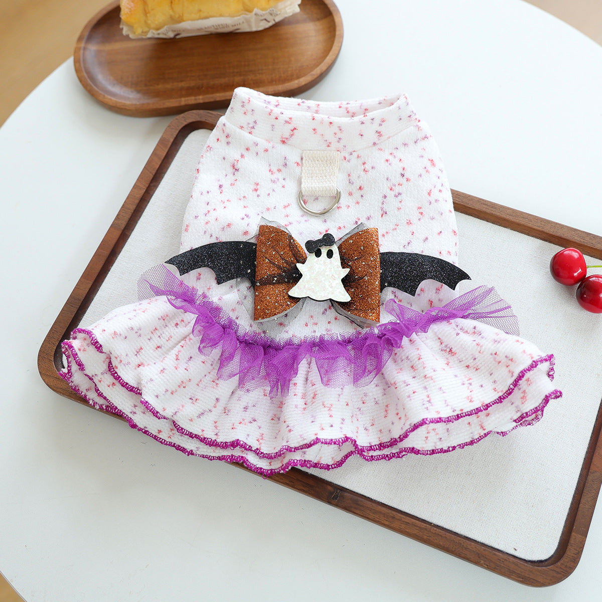 Ghost Bat Halloween Pet Tulle Dress with Leash for Small Cats and Dogs, Purple Mesh Costume for Festival Party