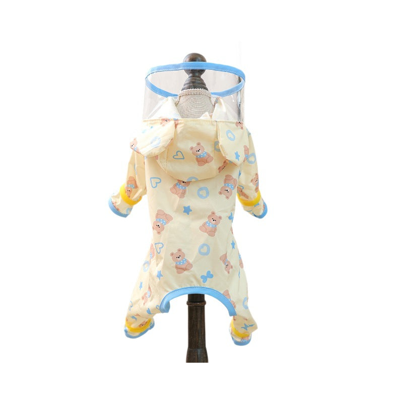 Cute Yellow and Blue Bear Pet Raincoat for Small Dogs, Four-Legged Waterproof Dog Rain Poncho