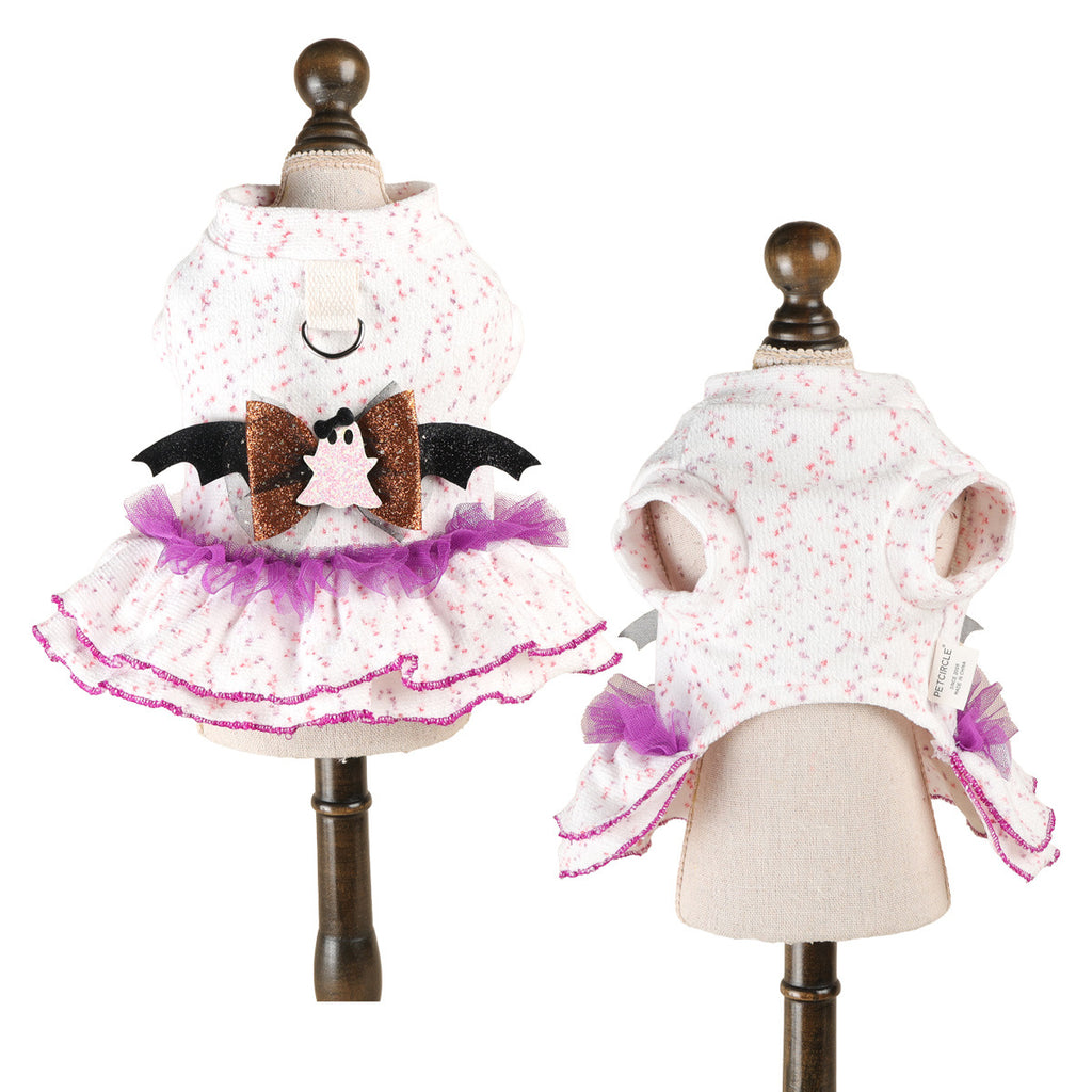 Ghost Bat Halloween Pet Tulle Dress with Leash for Small Cats and Dogs, Purple Mesh Costume for Festival Party